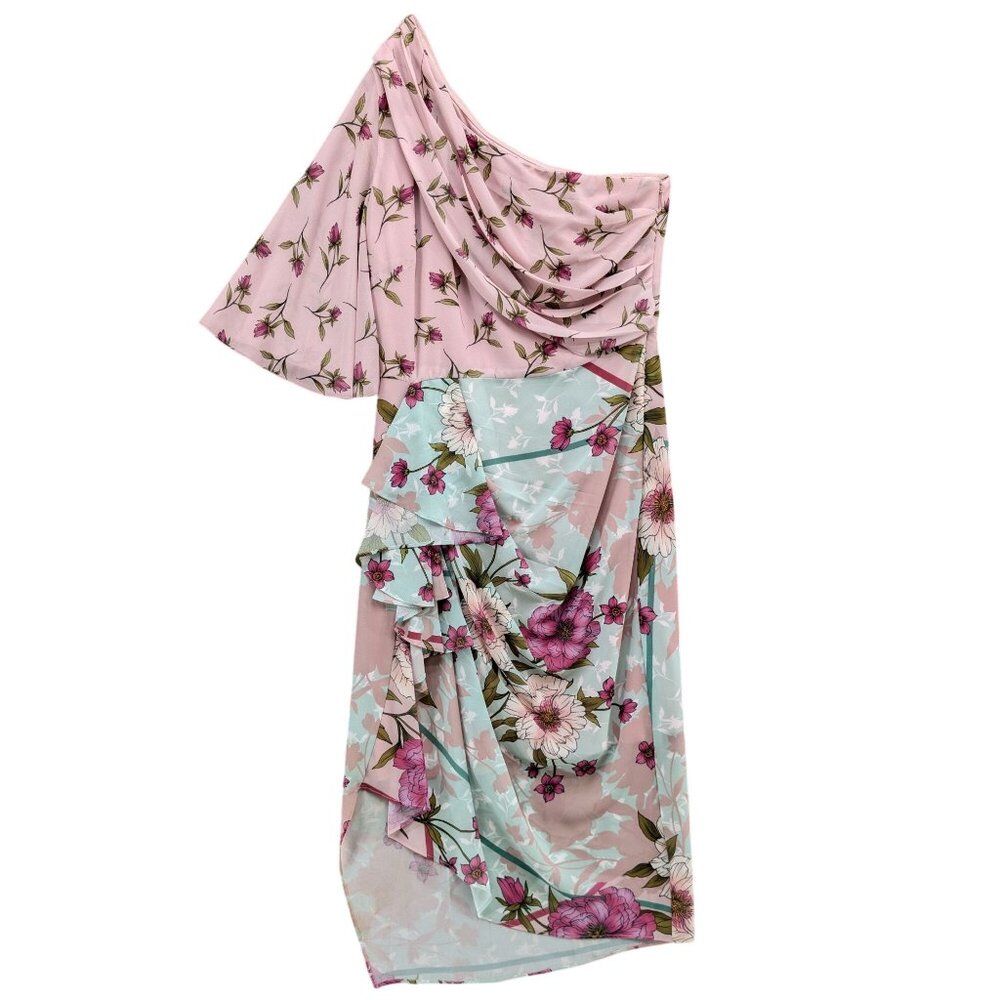 Belle Badgley Mischka Opal Dress Pink Green Floral One Shoulder Ruffle Size 2
